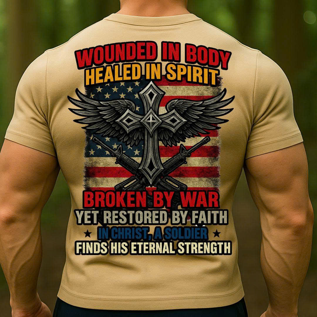 Veteran Christian Soldier T-Shirt – Wounded in Body Healed in Spirit | Patriotic Cross Faith Military Tee