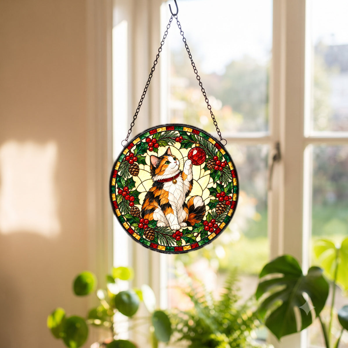 Festive Calico Cat Holiday Suncatcher Glass Ornament