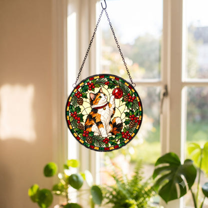 Festive Calico Cat Holiday Suncatcher Glass Ornament