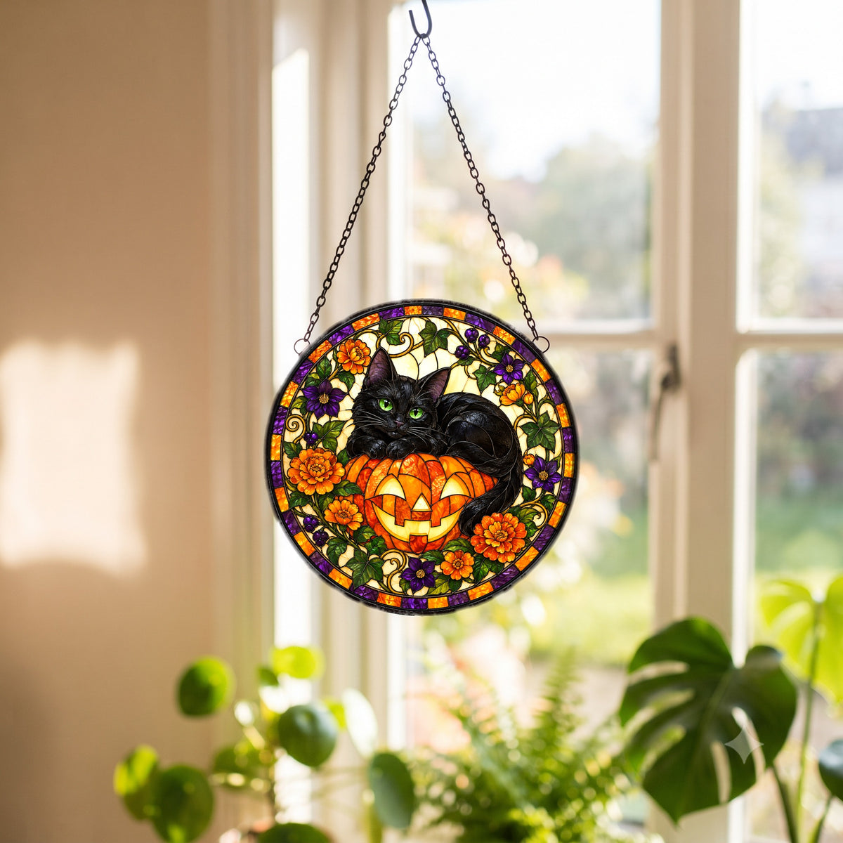 Black Cat and Pumpkin Stained Glass Style Suncatcher Hanging Ornament