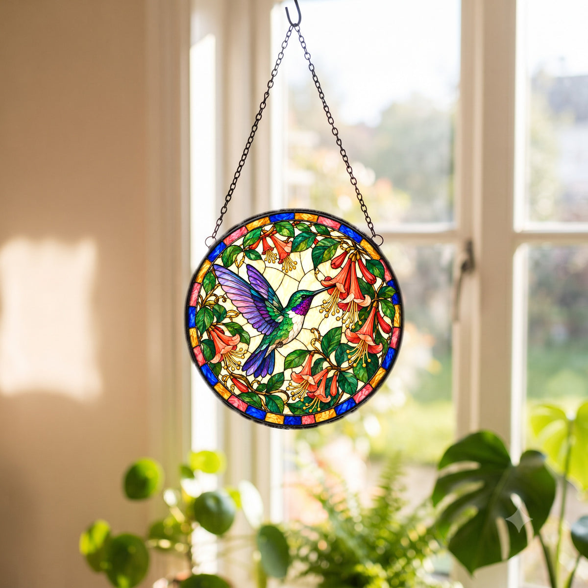 Hummingbird and Honeysuckle Glass Suncatcher Window Ornament