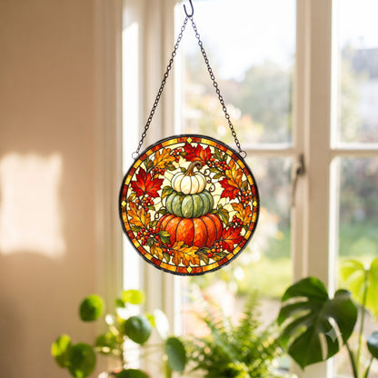 Stacked Heirloom Harvest Pumpkins Suncatcher, Autumn Glass Ornament