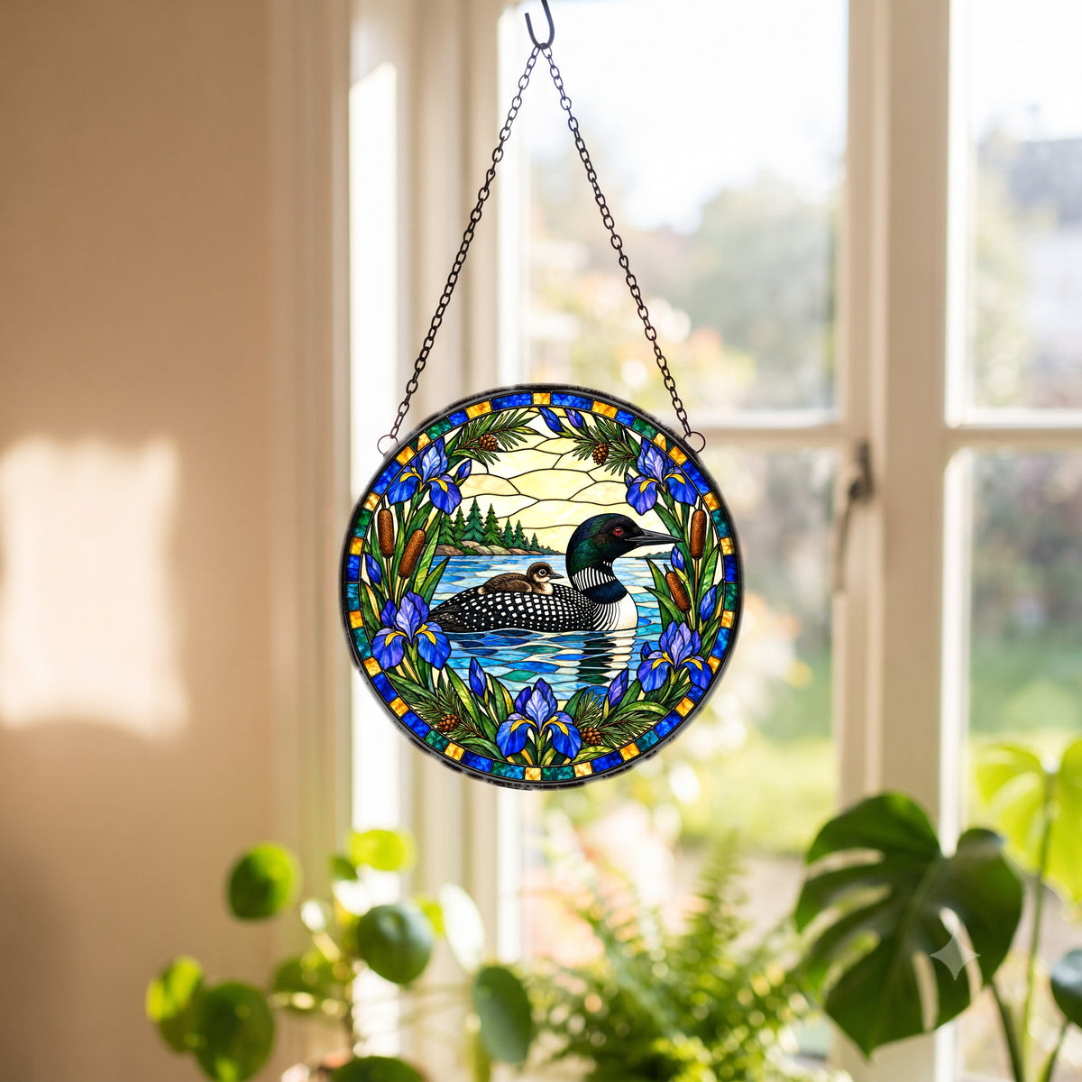 Northwoods Loon and Chick Suncatcher Hanging Glass Window Ornament