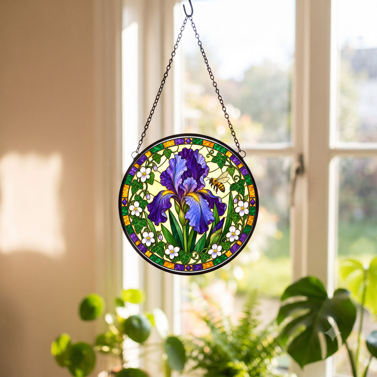 Velvet Iris and Honeybee Stained Glass Suncatcher Window Ornament