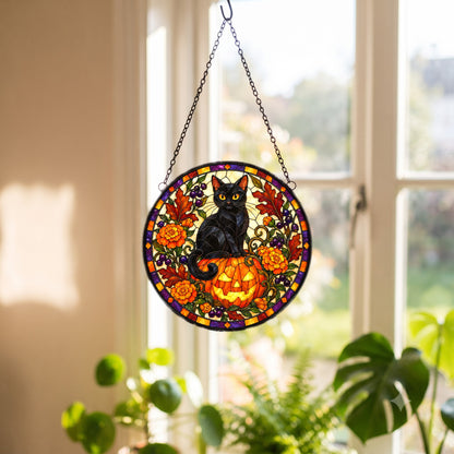 Midnight Pumpkin Familiar Cat Glass Suncatcher, Window Ornament