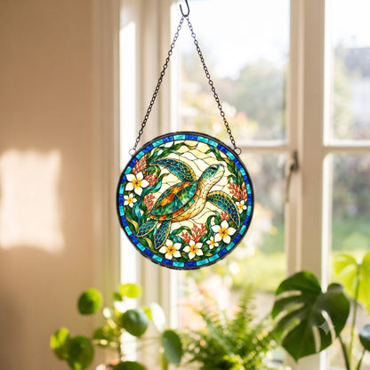 Sunlit Glide Sea Turtle Stained Glass Style Suncatcher Ornament