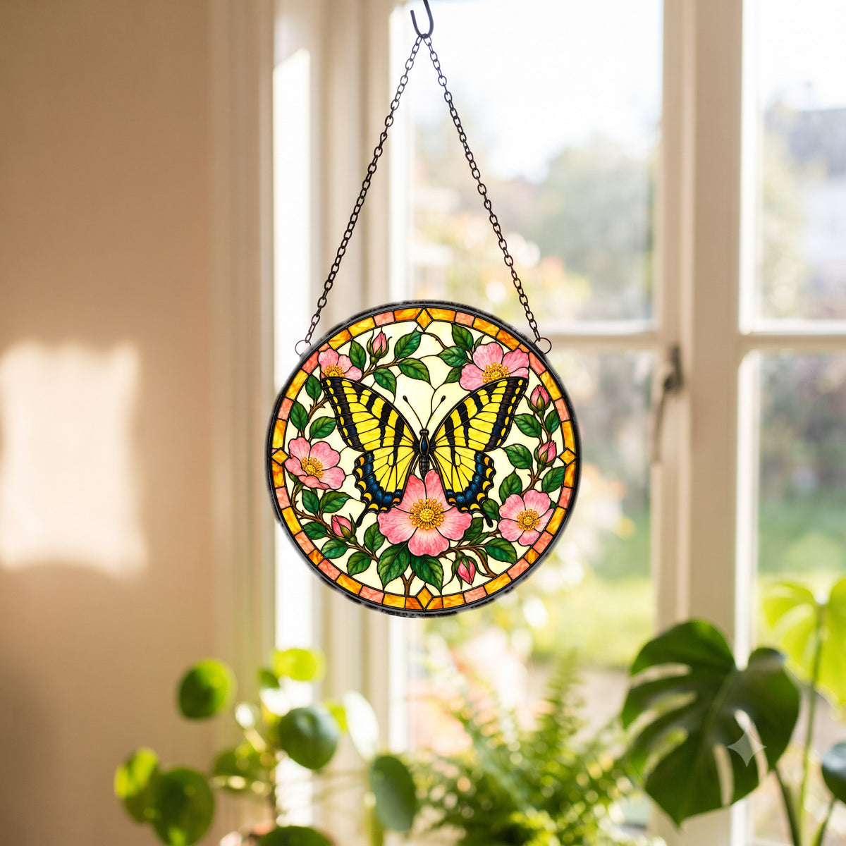 Sunlit Swallowtail Butterfly Glass Suncatcher Window Hanging Ornament