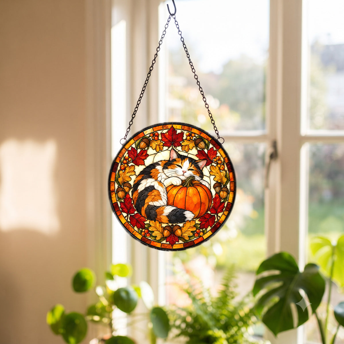 Calico Cat Autumn Pumpkin Suncatcher Ornament Stained Glass Window
