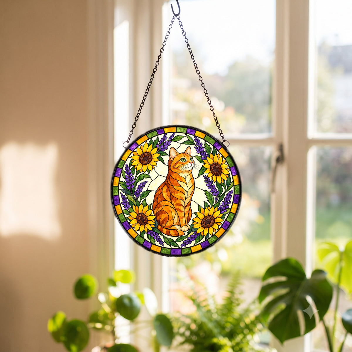 Sunlit Garden Tabby Suncatcher, Glass Cat Window Hanging Ornament