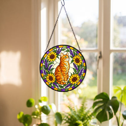 Sunlit Garden Tabby Suncatcher, Glass Cat Window Hanging Ornament