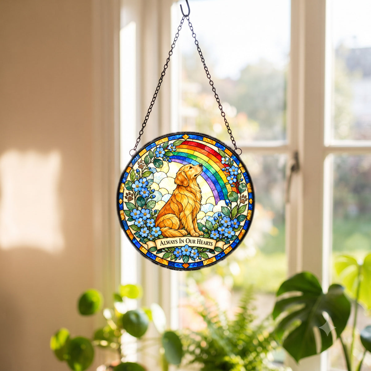 Rainbow Bridge Golden Dog Suncatcher, Pet Memorial Glass Ornament