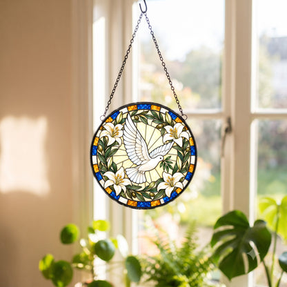 Grace and Peace Descending Dove Glass Suncatcher Hanging Ornament