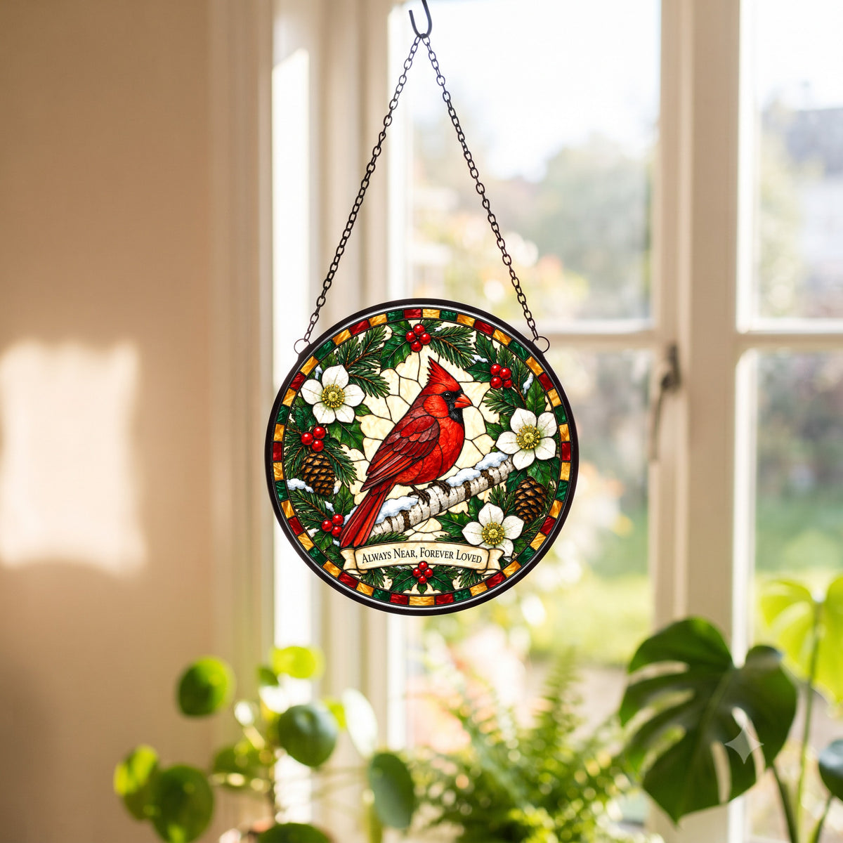 Winter Cardinal Memorial Suncatcher Glass Window Hanging Ornament