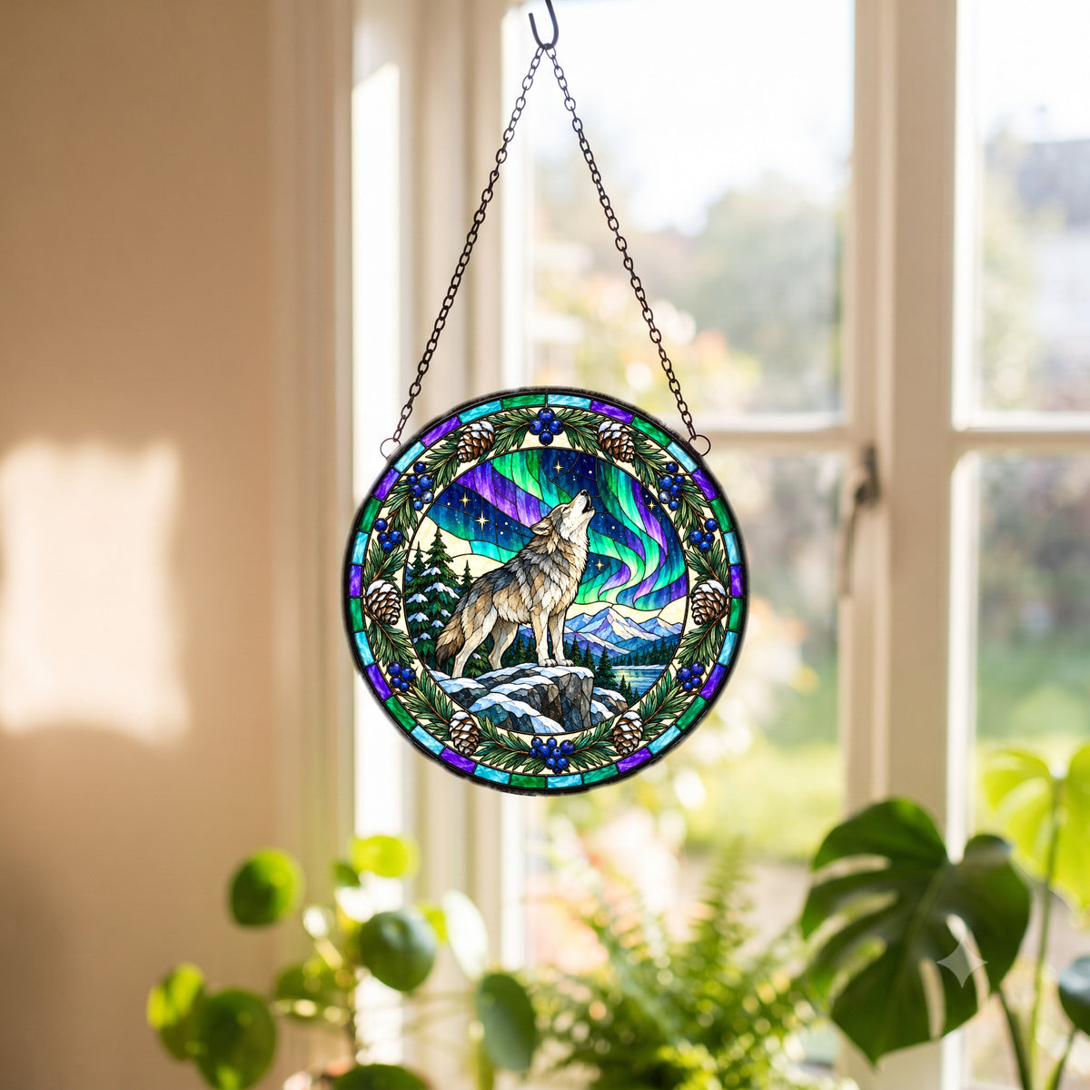 Aurora Wolf Wilderness Glow Suncatcher Hanging Glass Ornament