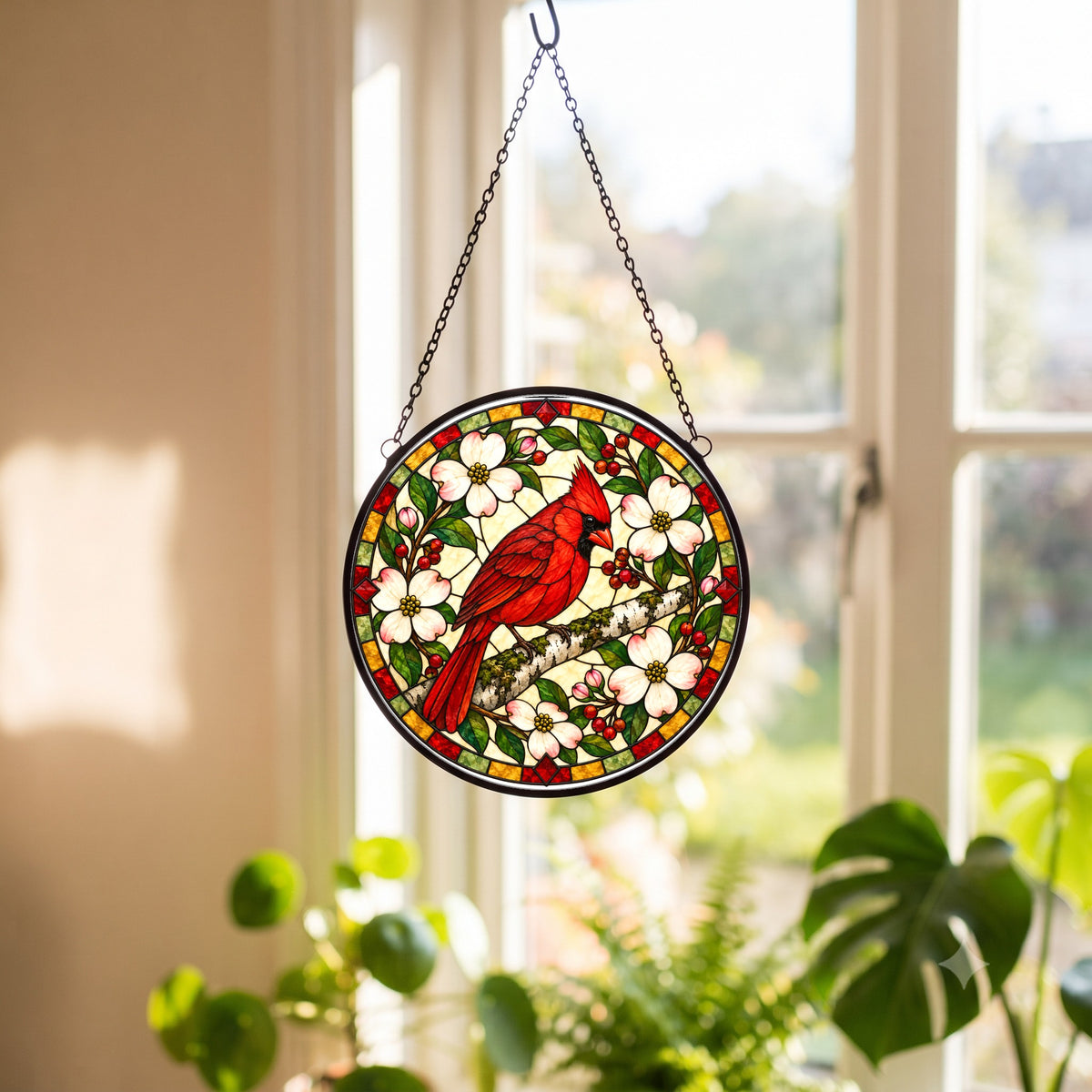 Crimson Cardinal Glass Suncatcher Window Hanging Ornament