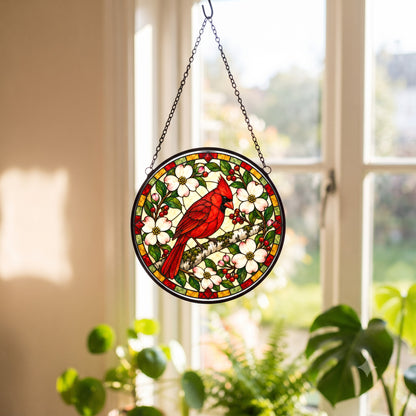 Crimson Cardinal Glass Suncatcher Window Hanging Ornament