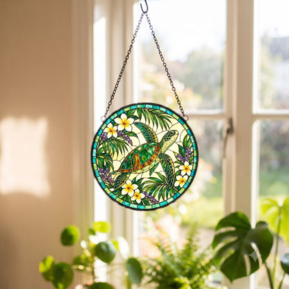 Serene Sea Turtle Stained Glass Style Suncatcher Window Ornament