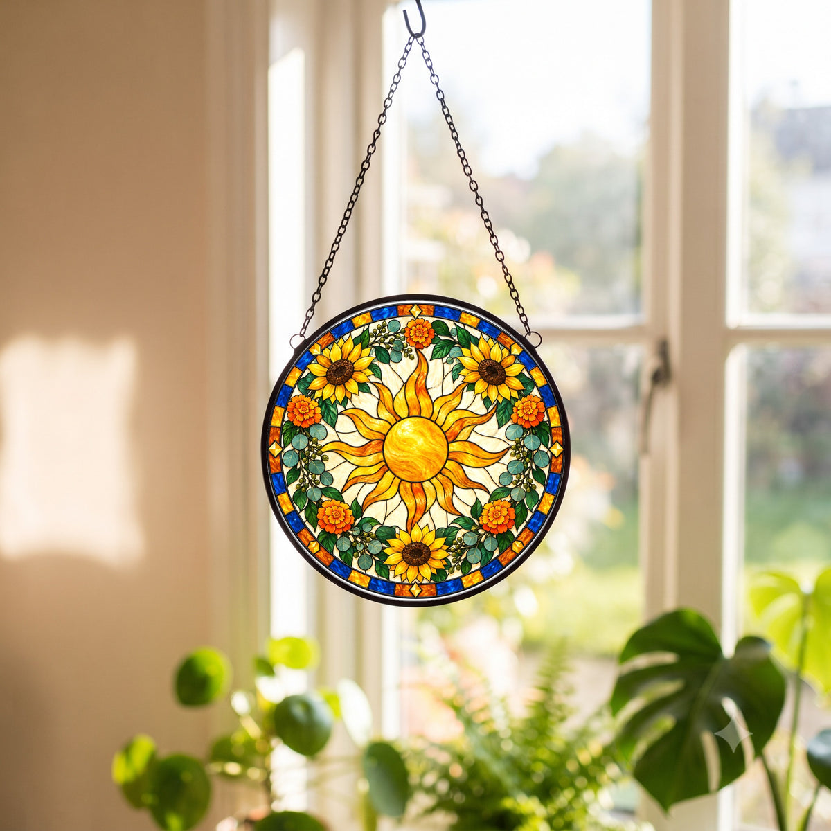 Bohemian Radiant Sunburst Stained Glass Suncatcher Ornament Window Art