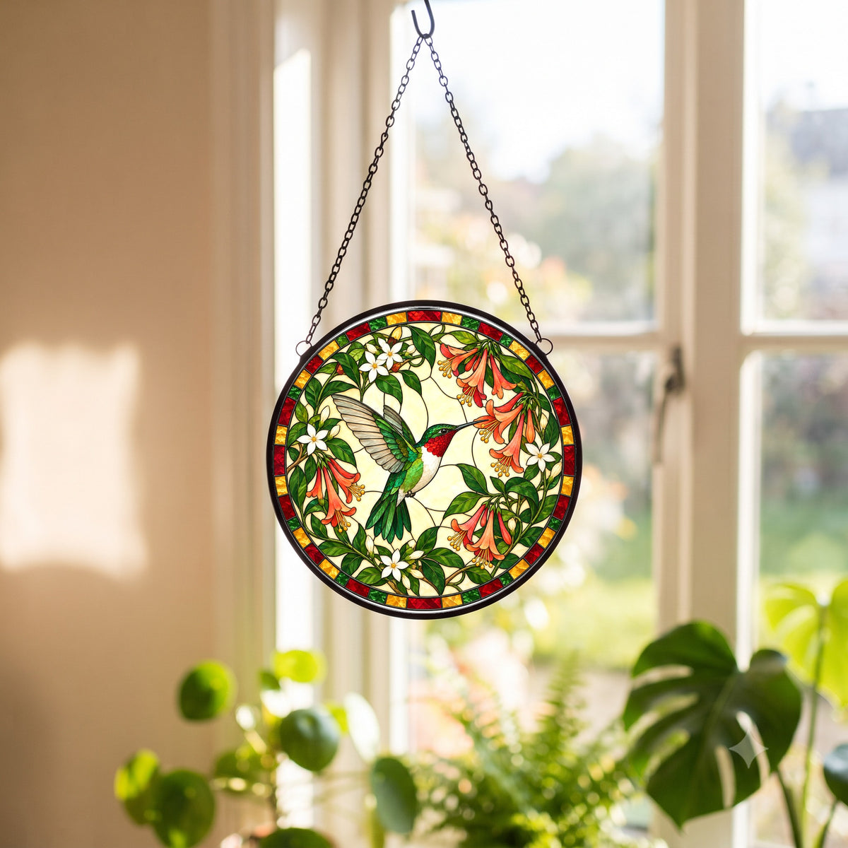 Ruby Nectar Symphony Suncatcher, Hummingbird Glass Window Ornament