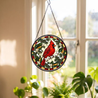 Frosted Birch Winter Cardinal Glass Suncatcher Window Hanging Ornament