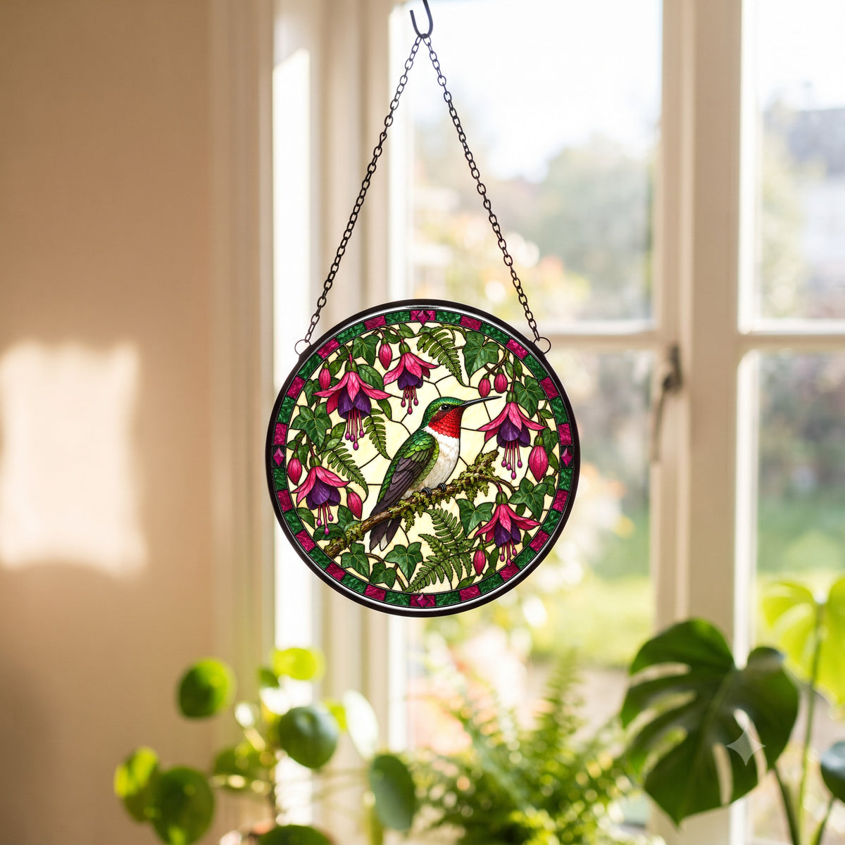 Perched Ruby Hummingbird Glass Suncatcher Hanging Window Ornament