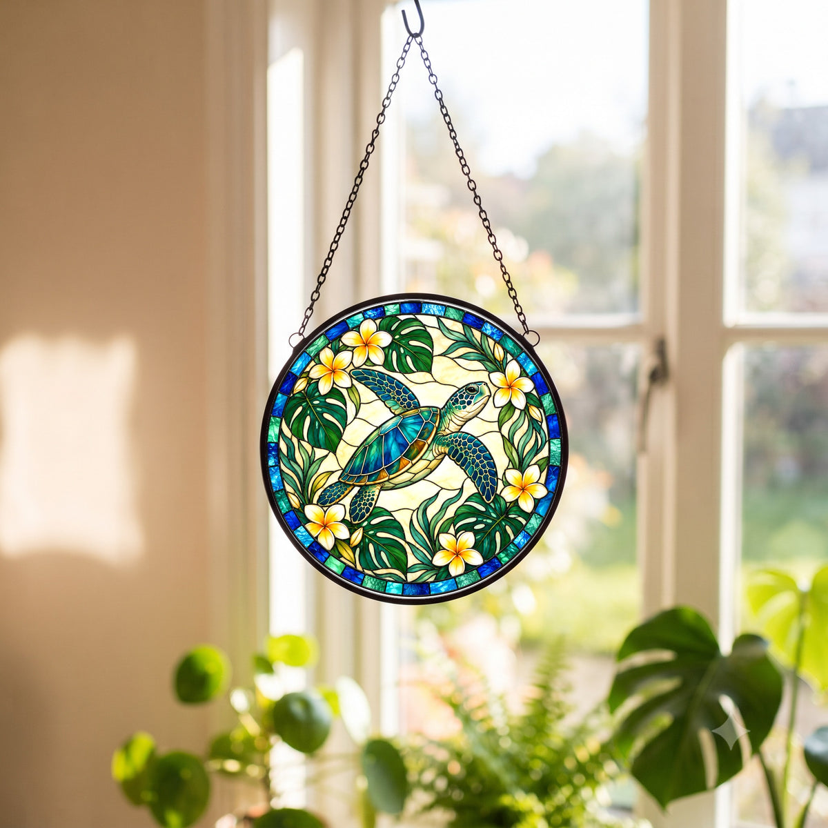 Sunlit Sea Turtle Stained Glass Suncatcher Window Hanging Ornament