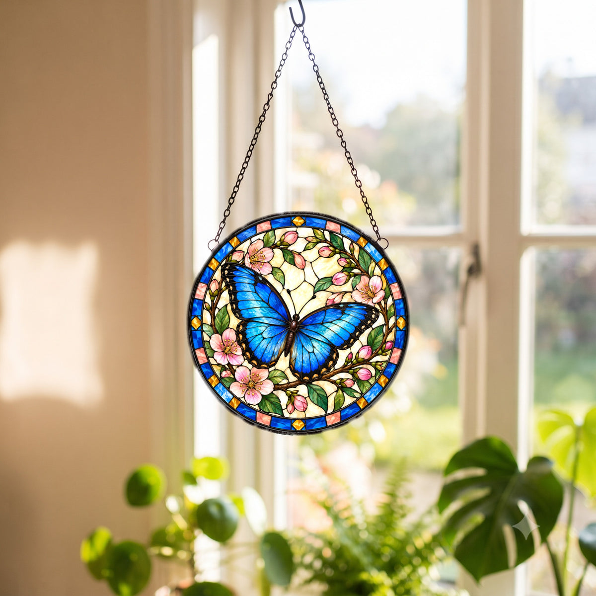 Azure Butterfly Glass Window Suncatcher and Floral Hanging Ornament