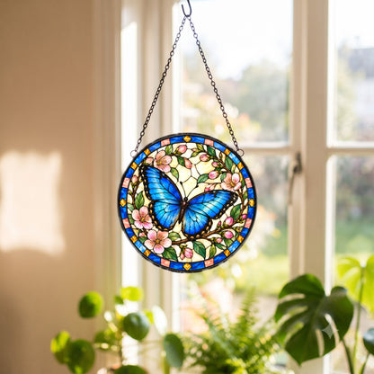 Azure Butterfly Glass Window Suncatcher and Floral Hanging Ornament