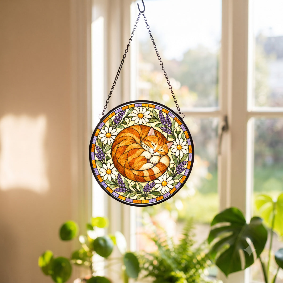 Sunlit Nap Sleeping Tabby Suncatcher, Hanging Glass Window Ornament