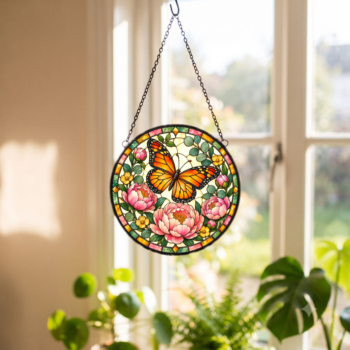Monarch and Peony Suncatcher, Floral Butterfly Glass Hanging Ornament