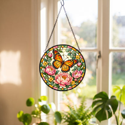 Monarch and Peony Suncatcher, Floral Butterfly Glass Hanging Ornament