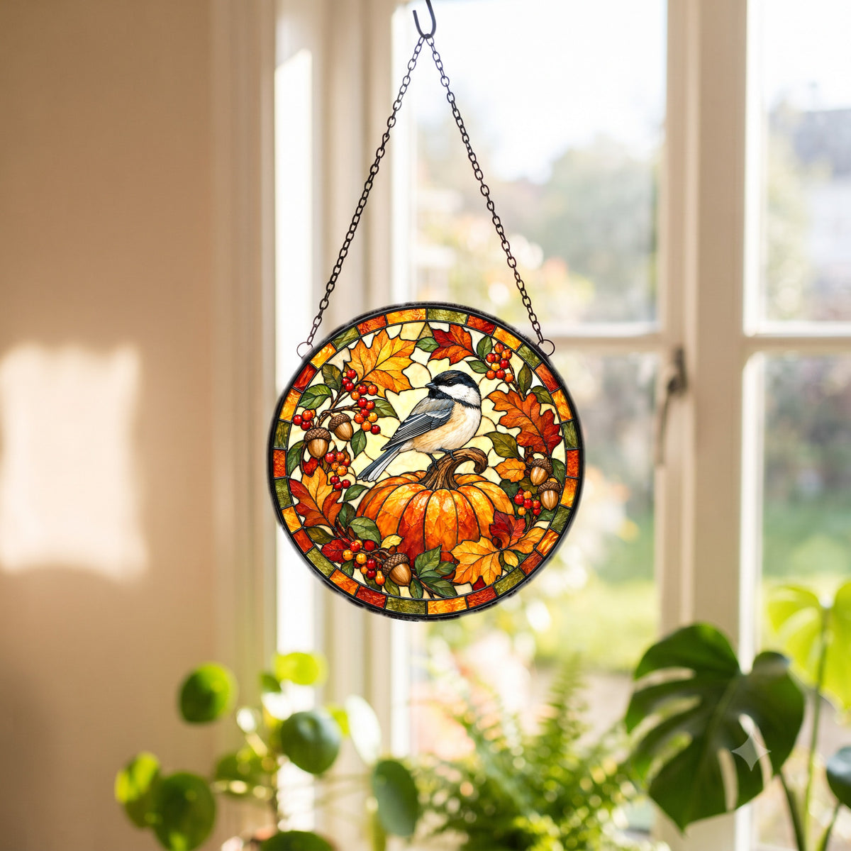 Autumn Chickadee Harvest Pumpkin Glass Suncatcher Window Hanging
