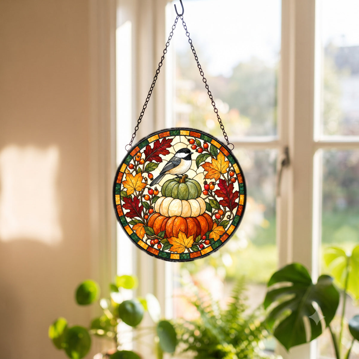 Autumn Songbird and Pumpkins Suncatcher Fall Window Hanging Ornament