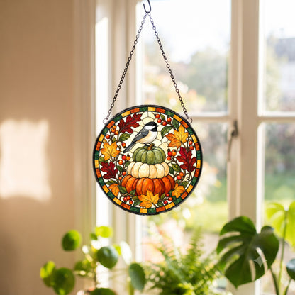 Autumn Songbird and Pumpkins Suncatcher Fall Window Hanging Ornament