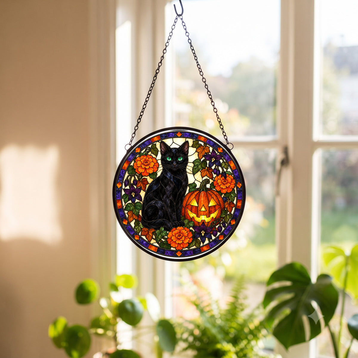 Halloween Black Cat and Pumpkin Stained Glass Suncatcher Window