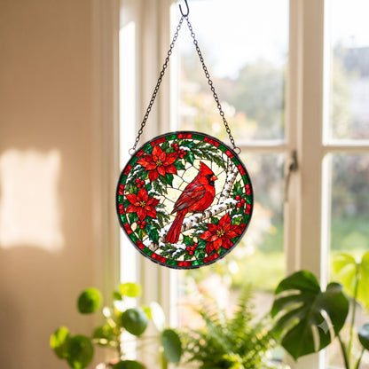Winter Cardinal on Birch Suncatcher, Glass Christmas Holiday Ornament