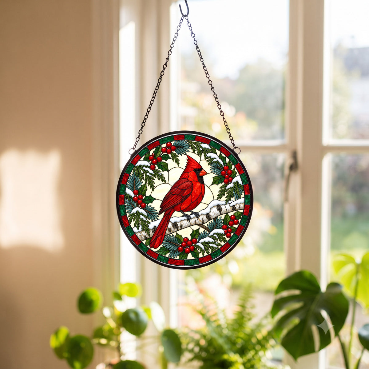 Winter Birch Cardinal Suncatcher, Hanging Glass Bird Ornament