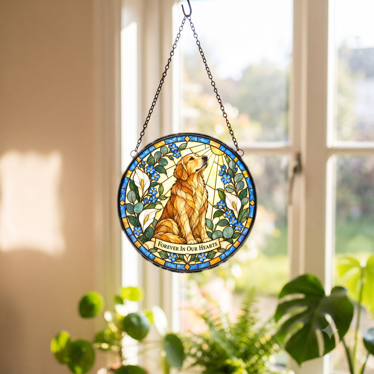 Golden Light Dog Memorial Glass Suncatcher Window Hanging Ornament