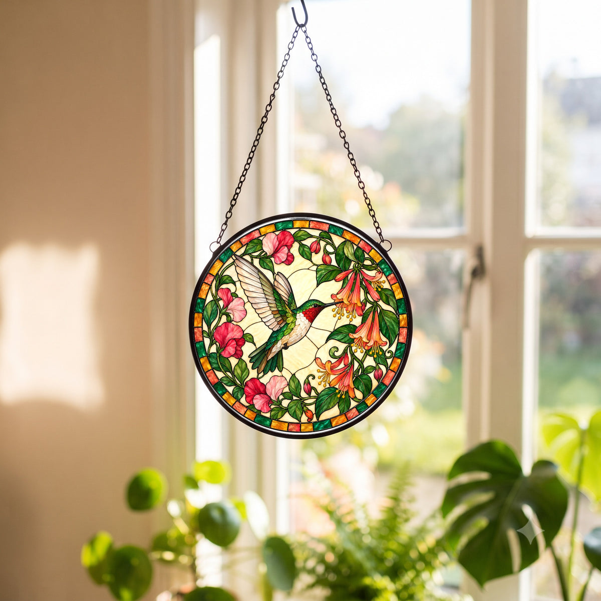 Hummingbird Honeysuckle Stained Glass Suncatcher Window Ornament