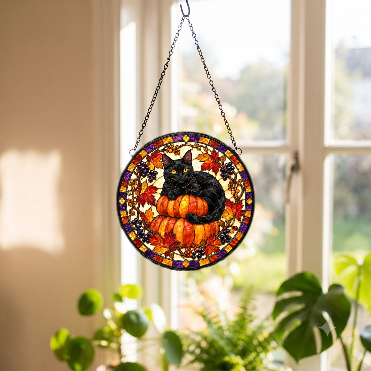 Midnight Cat and Pumpkin Suncatcher Ornament for Autumn Decor