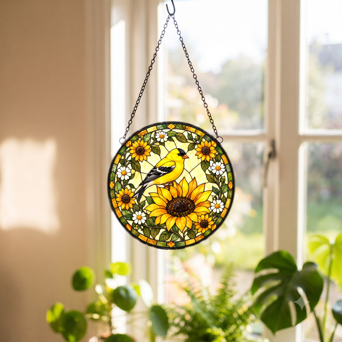 Goldfinch and Sunflower Glass Suncatcher Window Ornament