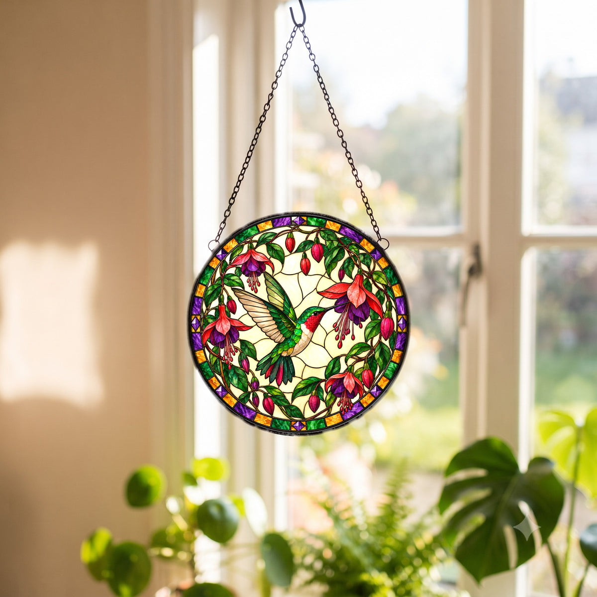 Ruby Nectar Fuchsia Hummingbird Stained Glass Suncatcher Window