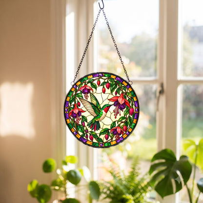 Ruby Nectar Fuchsia Hummingbird Stained Glass Suncatcher Window