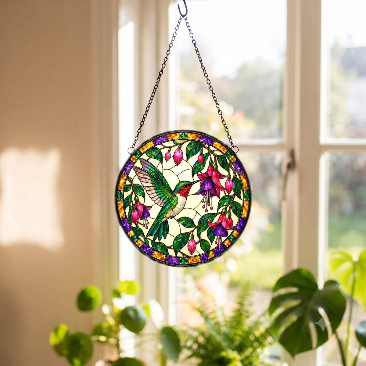 Jeweled Hummingbird and Fuchsia Suncatcher Glass Window Ornament