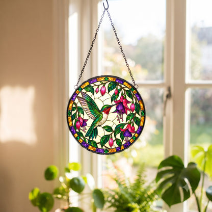 Jeweled Hummingbird and Fuchsia Suncatcher Glass Window Ornament