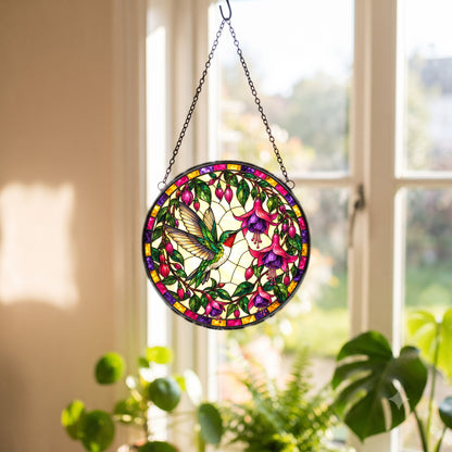 Fuchsia Hummingbird Glass Suncatcher Window Ornament