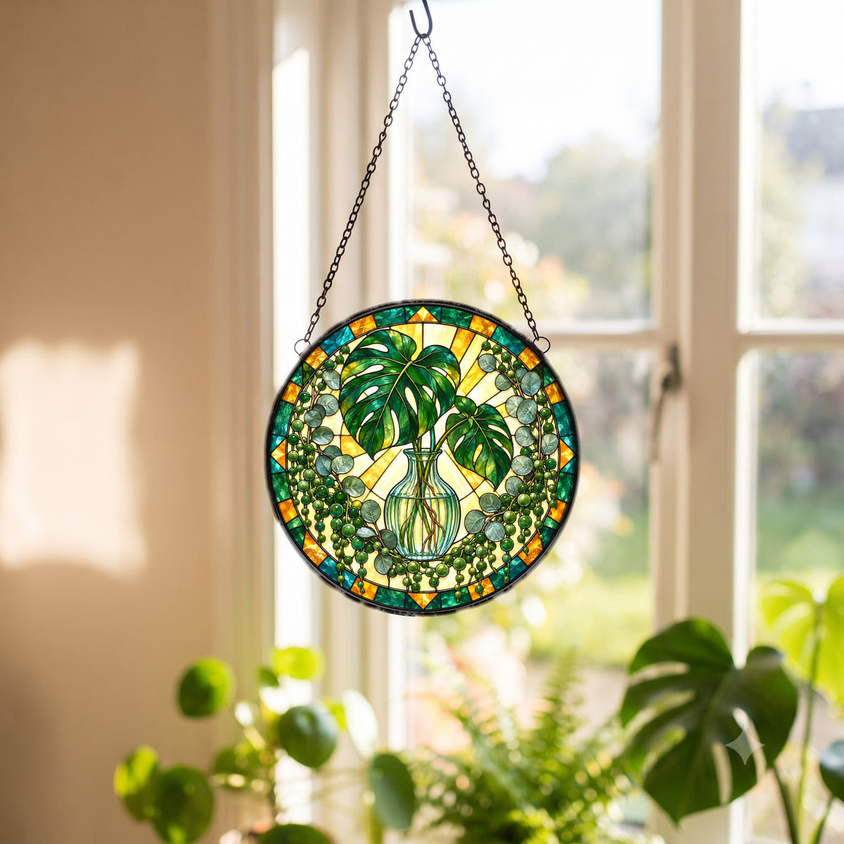 Mid-Century Botanical Sunburst Glass Suncatcher Window Ornament