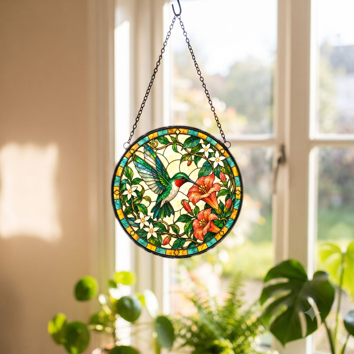 Sunlit Honeysuckle Hummingbird Suncatcher Window Hanging Ornament