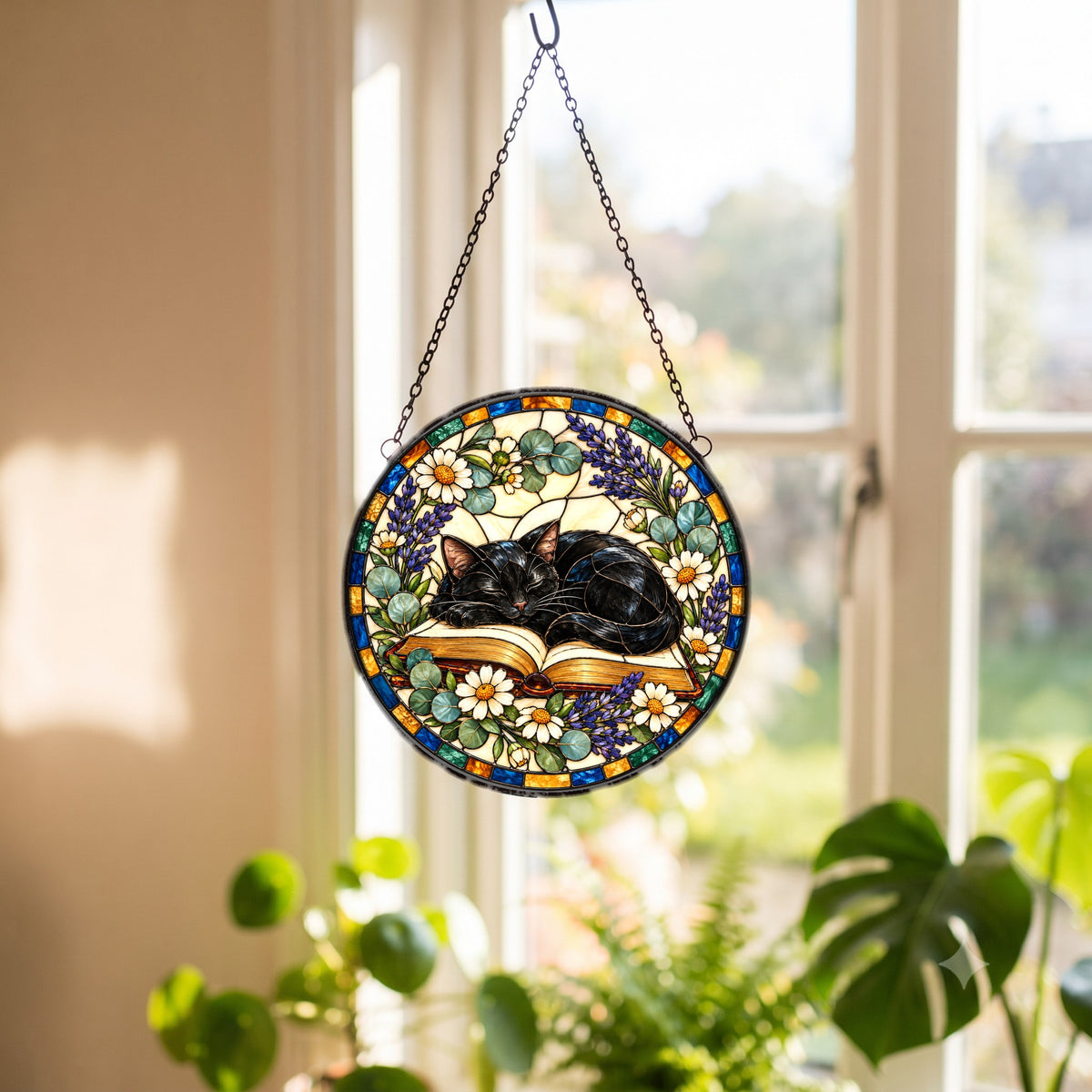 Cozy Cat Nook Stained Glass Suncatcher Window Hanging Ornament