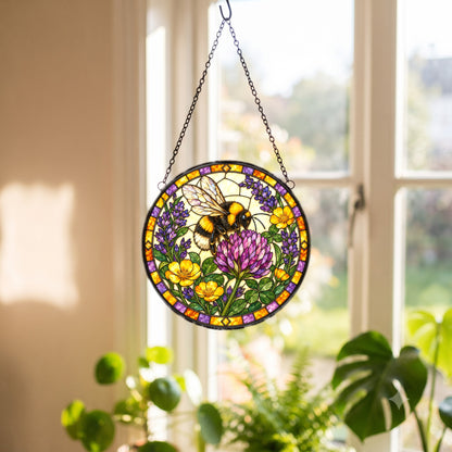Lavender Meadow Bumblebee Stained Glass Style Suncatcher Hanging